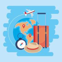 Travel suitcase with world map and compass  vector