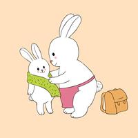 los conejos de mamá y bebé vistiendo van a la escuela vector