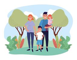 Cute Family with Children Red and Dark Hair in Park vector