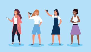 Set of young women with smartphones  vector