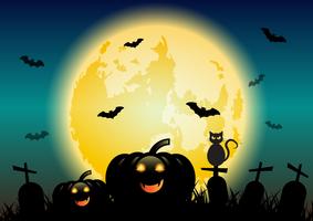 Halloween night background with glowing moon and pumpkins vector