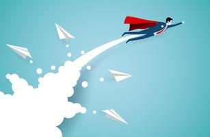 Empresarios exitosos de superhéroes volando en el aire a través de las nubes vector