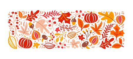 Autumn elements pattern. Mushroom, acorn, maple leaves and pumpkin isolated on white background vector