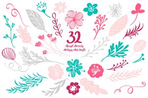 Set of Spring Floral Decor. Vector Elements Collection with Leafs and Flowers