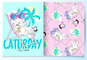 Hand drawn cute cat lounging with drink and bird pattern set vector
