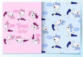Hand drawn cute cat yoga poses with pattern set vector