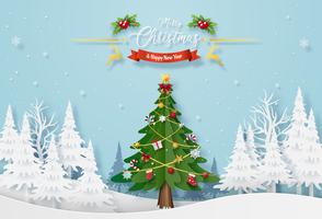 Christmas tree with decoration in the forest with snowing vector