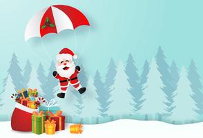 Origami paper art of Santa Claus with Christmas gifts in pine forest vector