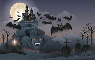 Halloween Night with abstract Dracula's Castle Rock Mountain  vector