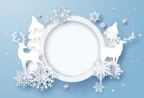 Paper art of winter holiday card with snowflakes and reindeer vector