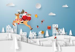 Origami paper art of Santa Claus and reindeer in the village vector