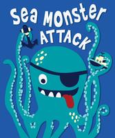 Hand drawn cute sea monster attack illustration vector