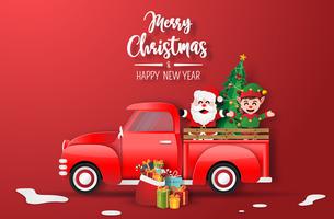 Merry Christmas and Happy New Year Card With Santa and Elf in Red Truck  vector