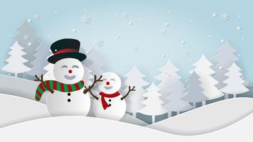 Snowman landscape card in paper style  vector