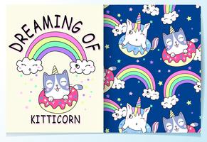 Hand drawn cute cat with donut and unicorn horn pattern set vector