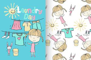 Laundry Dau Cute Girl Pattern Set vector