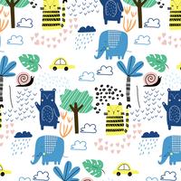 Hand drawn colorful animals in nature pattern  vector