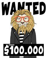 Hand drawn cool lion wanted poster illustration vector