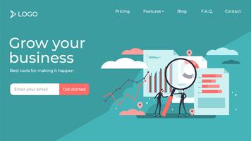 Research business project, flat tiny persons landing page template design vector