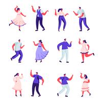 Conjunto de personas planas bailan en una fiesta de personajes vector