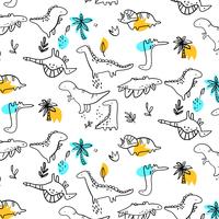 Hand drawn black outline baby dinosaurs pattern vector