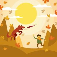 Man Playing Frisbee With Dog In Autumn Season vector