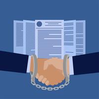 Handshake attached by handcuffs in front of contract papers