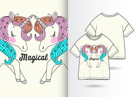 Diseño de camiseta dibujada a mano par de unicornio mágico vector