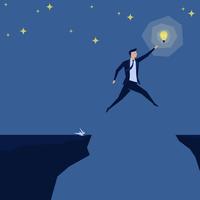 Businessman jumping over the gap reach the idea on the sky night. vector