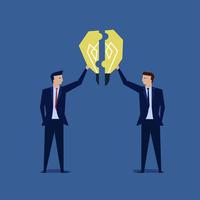 Two businessman unite the light bulb idea puzzle vector