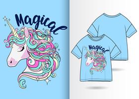 Diseño de camiseta mágica Pretty Unicorn Hand Drawn vector