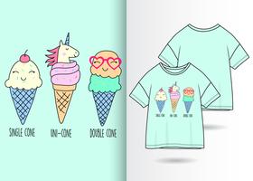 Hand drawn cute ice cream with t shirt design vector