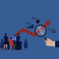 Business team monitoring chart on screen and hand holding magnifying glass vector