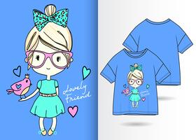 Diseño de camiseta Lovely Girl Hand Drawn Girl vector