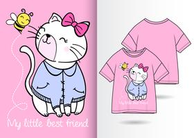 Hand drawn cute kitty with t shirt design