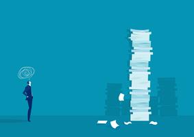 very tall paper stack vs man on blue background vector