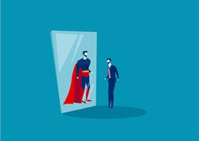 businessman looks in the mirror and sees a superhero