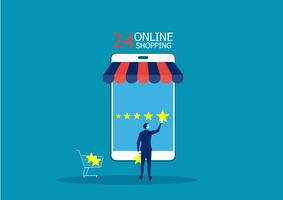 Businesswoman holding a gold star in hand, to give five stars while shopping online vector