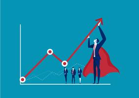 hero businessman trying to bend a red statistic arrow upwards on blue background vector