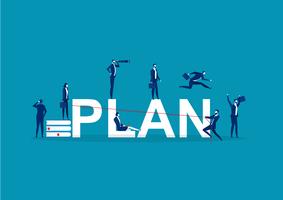 Concept with business people doing different activities around the word PLAN vector