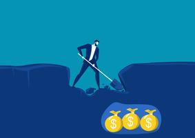 businessman digging with shovel and very near to success finding money gold under land. vector