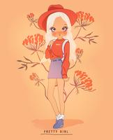 Hand drawn cute girl wearing hat and skirt with flower background vector
