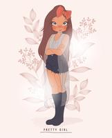 Hand drawn cute girl wearing shorts and long boots with flower background vector