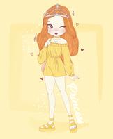 Hand drawn cute girl wearing yellow outfit and crown with princess typography vector