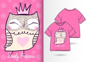 Lovely Owl Princess Hand Drawn T Shirt Design vector