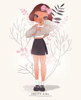 Hand drawn cute girl in skirt and sweater with flower background vector