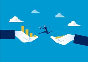 Businessman jumping over chasm between coins on hands vector
