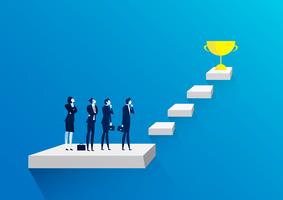 Businessman team thinking about stairs to golden trophy as symbol of success. vector