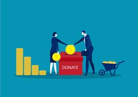 two business people throw gold coins in a box for donations vector