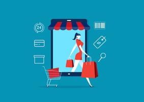 Women coming out of smartphone for online shopping concept vector